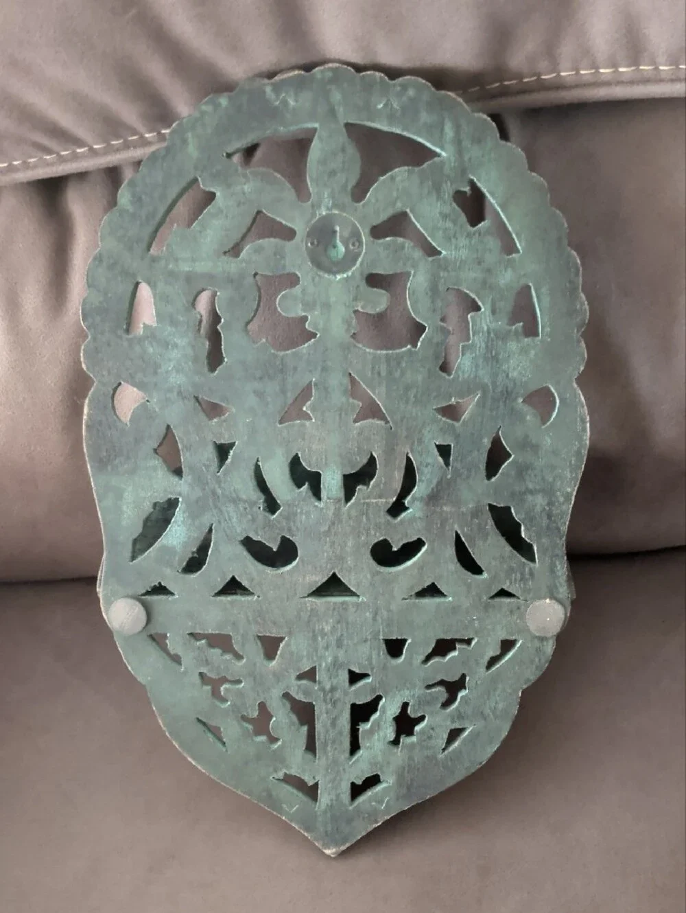 Decorative Carved Wall Shelf in Verdigris Green
